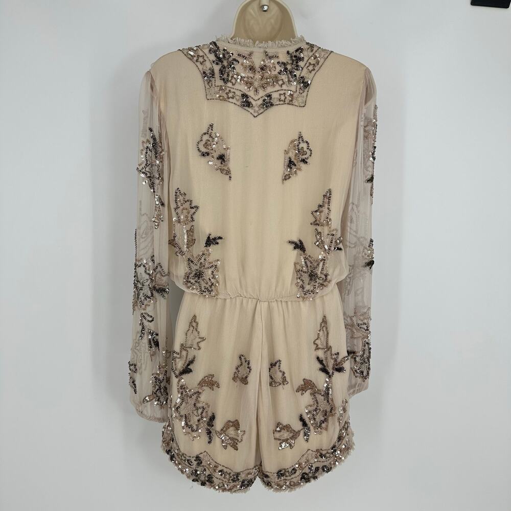 Ranna Gill Womens Beaded Romper Size 6 Coachella Festival Boho Champagne Cream - Picture 16 of 16